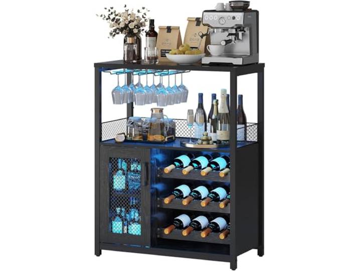 Garvee Weinschrank Weinregal Industrial mit Led Licht 70x35x92 cm Schwarz Barschrank mit Verstellbarem Weinregal und Glashalter Getränkeaufbewahrung Weinbarschrank für Küche Esszimmer Wohnzimmer