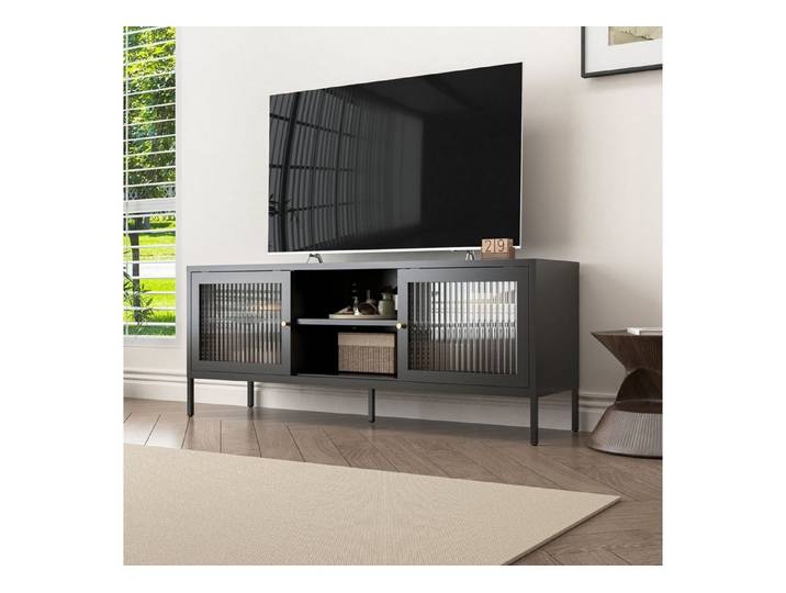 Coemo Sideboard TOKIO, Schwarz TV-Schrank Metall Glastür Lowboard Fernsehtisch Breite 150 cm
