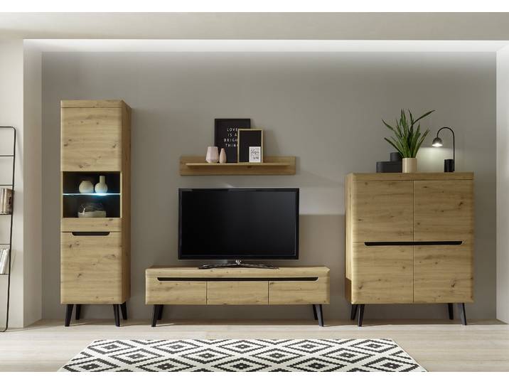 Wohnwand HOME AFFAIRE Torge, Anbauwand, Schrankwand, Mediawand, Wohnzimmer-Set , beige (eiche artisan dekor, eiche artisan dekor, applikationen schwarz), B:361cm, Kastenmöbel-Sets, Wohnwand