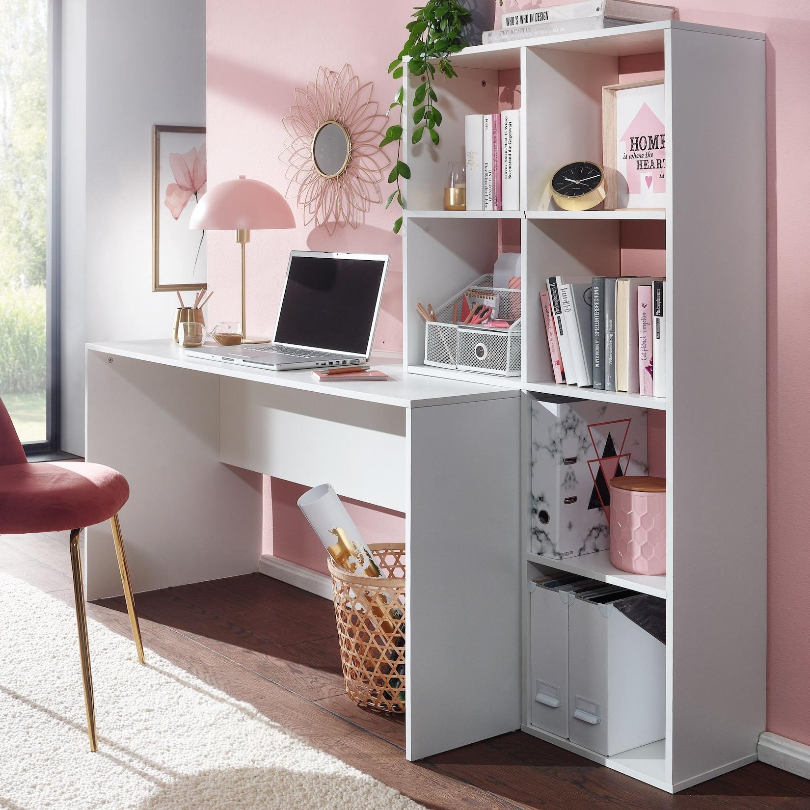 FineBuy Schreibtisch mit Regal Weiß 170cm Bürotisch 6 Fächer Ordner Homeoffice
