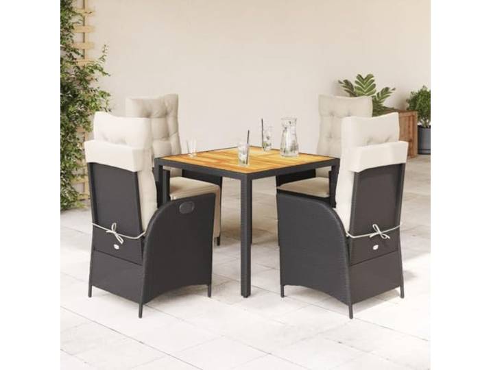 WDGJJFECNMUEHI Résine tressée extérieur 5 pièces Noir 90cm Ensemble à manger de jardin 5 pièces Noir Résine tressée avec coussins, chaises inclinables et repose-pieds, table acacia,
