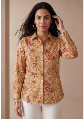 Plus Size Women's Stretch Cotton Poplin Button Down Shirt by Jessica London in New Khaki Playful Paisley (Size 34 W) Button Down Blouse