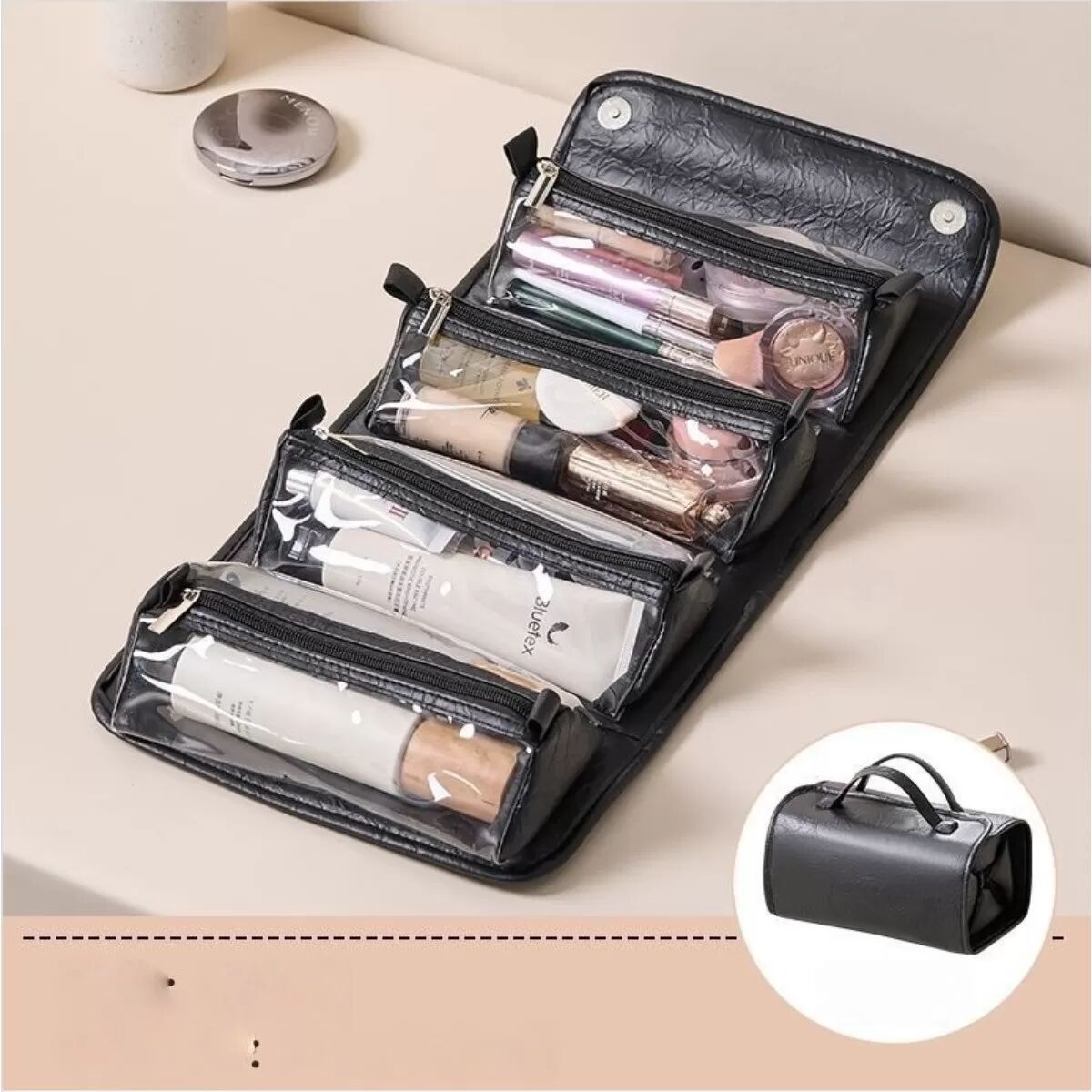 INF Abnehmbare 4-in-1 Kosmetiktasche mit großem Fassungsvermögen – Kosmetik-Organizer aus PU-Leder Schwarz