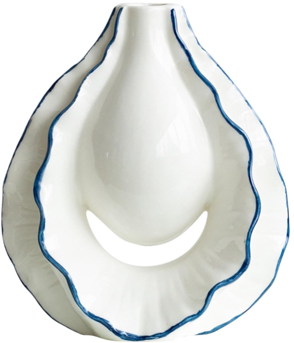 Keramische Vaas in Oesterschelp Vorm - Wit met Blauwe Rand