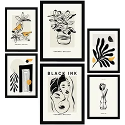 POSTER Set Mit 6 In Schwarzer Tinte Orientalisch Künstlerische Und Abstrakte Drucke Für Innenarchitektur A3 & A4 Schwarzer Rahmen