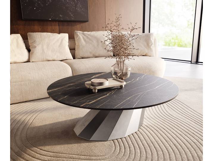 Couchtisch Edge Rund 100x100 cm Keramik Laminam® Noir Desir Braun Parabi Edelstahl gebürstet, Couchtische