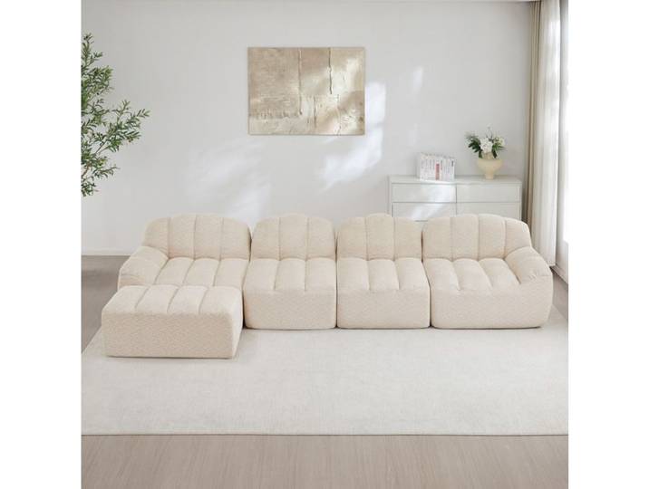 Canapé 4 places SENVIRO modulable au dessin organique et tissu beige blanc