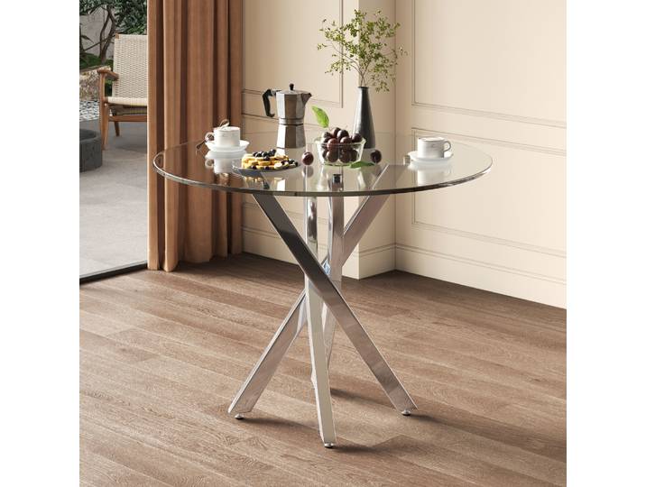 Table à manger ronde, plateau de table en verre trempé 80*80*75, table à manger moderne, pieds de table galvanisés, table basse de loisirs, argent