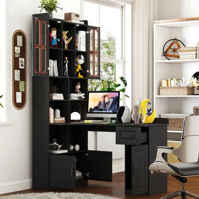GREATPLANINC 2-in-1 L-Shaped Corner Computer Desk with Storage Cabinet & Lower Shelf, Home Office Desk with Drawers & Bookshelf