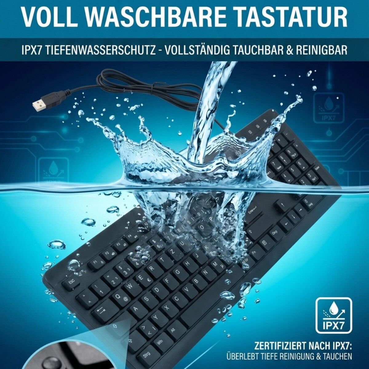 INF IPX7 wasserdichte Silent Ergonomische Multimedia-Tastatur — Waschbare Membran-Tasten, Verstellbarer Stand, USB