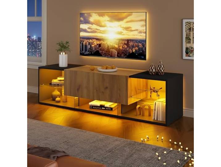 BTM 3 Tier TV Console Cabinet for TVs Up to 70 , modernes TV-Konsolen-Entertainment-Center mit Glasplatten-Aufbewahrungsplattform und 2 Schubladen, geeignet für Wohnzimmer, Schlafzimmer, Schwarz