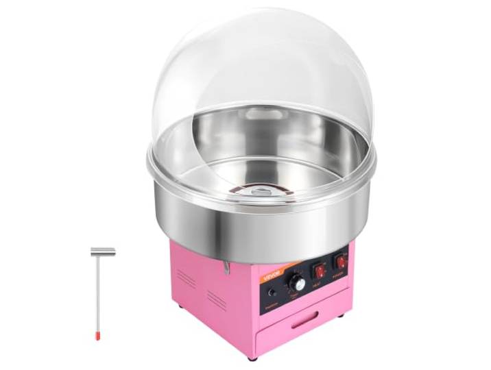 VEVOR Gewerbliche Zuckerwattemaschine mit Abdeckung 1 kW Rosa Zuckerlöffel für Geburtstagsfeiern und Familienfeste, bis 1 h Dauerbetrieb, Elektrischer Zuckerwattebereiter mit 52 cm Edelstahlschüssel