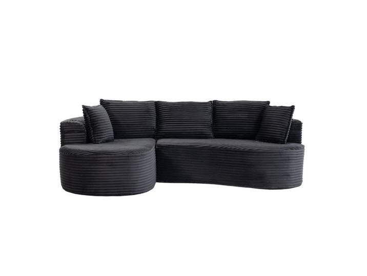 Modfu Ecksofa Bogensofa 250x152x82 cm Dunkelgrau aus Cord mit Schaumstoffpolsterung, Seitentaschen und Getränkhaltern, 250x152 cm, Wohnzimmer, Sofas & Couches, Wohnlandschaften, Ecksofas