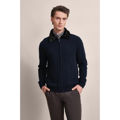 Strickjacke BUGATTI, Herren, Gr. 3XL, blau (marine), 80% Wolle, 20% Polyamid, kariert, regular fit, Rippbündchen, Strickjacken Strickjacke, mit unechtem Fellkragen