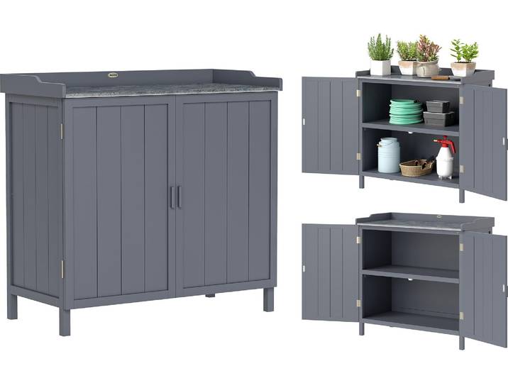 Outsunny Armoire de rangement de jardin sur pied\, table de rempotage 2 en 1 double porte\, étagère\, plateau métal galvanisé - gris