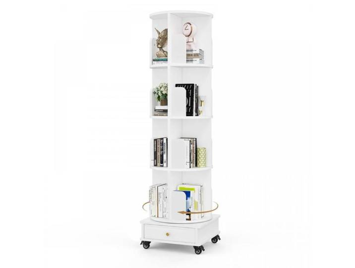 SUPFINE Bibliothèque Rotative à 4 Niveaux pour Livres Jouets Tour en Bois Étagère Livre à Roulettes avec Tiroir 40×40×149cm