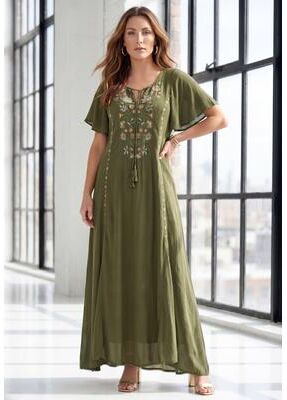 Plus Size Women's Plus Size Flutter Sleeve Hand Crinkled Maxi Dress - Curvy A-Line by Roaman's in Dark Olive Mandevilla Vines (Size 30/32)