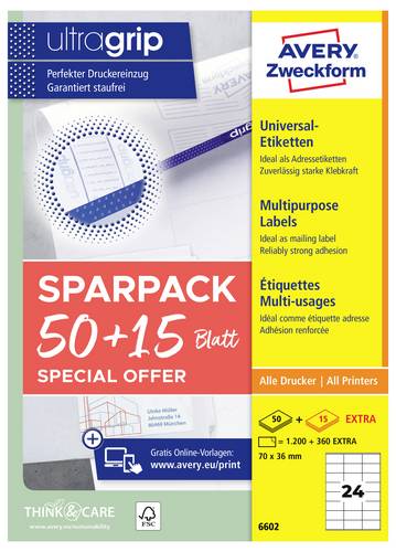 Avery-Zweckform 6602 Universal-Etiketten 70 x 36mm Papier Weiß 1560 St. Permanent haftend Farblaserdrucker, Laserdrucker