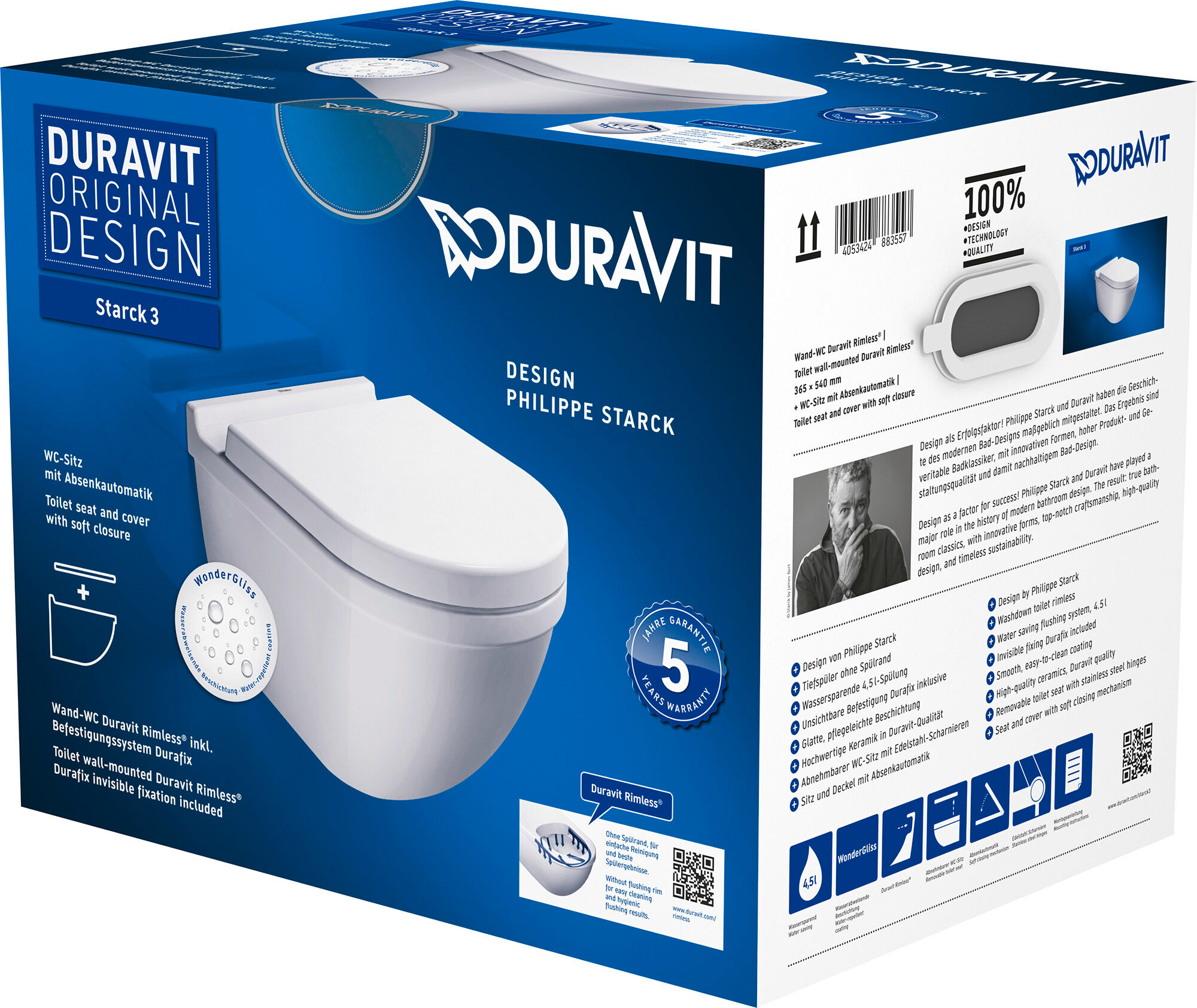 Duravit Starck 3 ensemble WC suspendu à fond creux 45270900A11 avec abattant WC, sans rebord, blanc WonderGliss