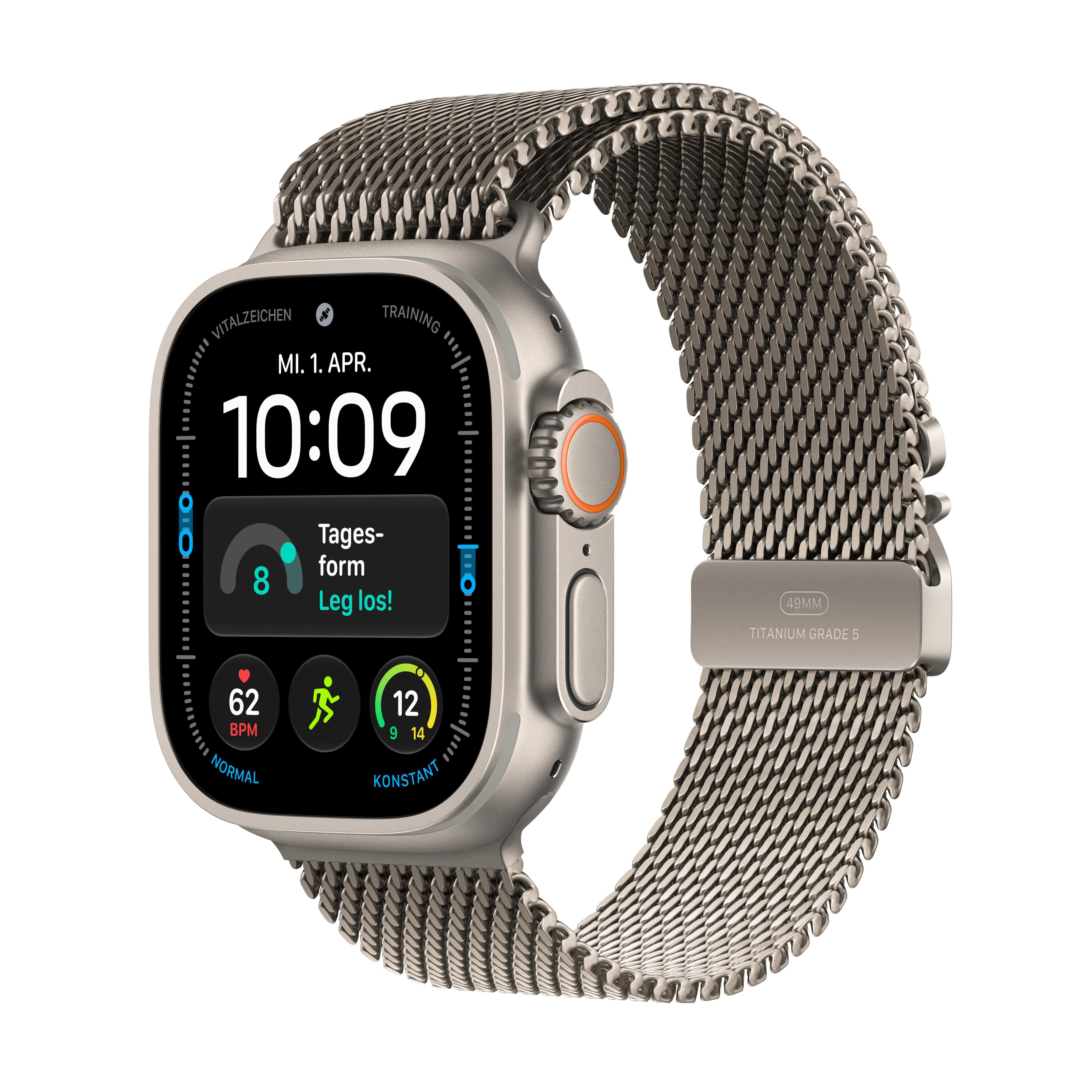 Apple Watch Ultra 4 GPS + Cellular 49mm Natural Titanium Gehäuse mit Natural Titanium Milanese Loop - M