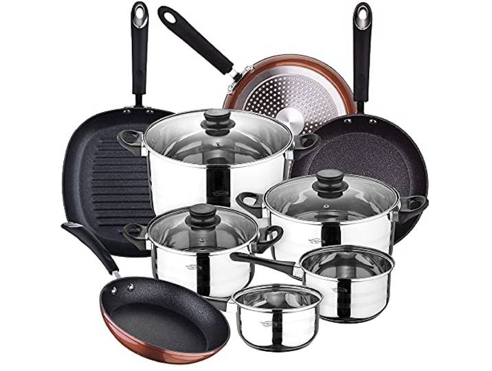 San Ignacio Toledo 8-teiliges Kochgeschirr-Set Toledo aus Edelstahl mit Pfannen-Set (20/24/28 cm) und Grillrost 28 cm Moma aus geschmiedetem Aluminium