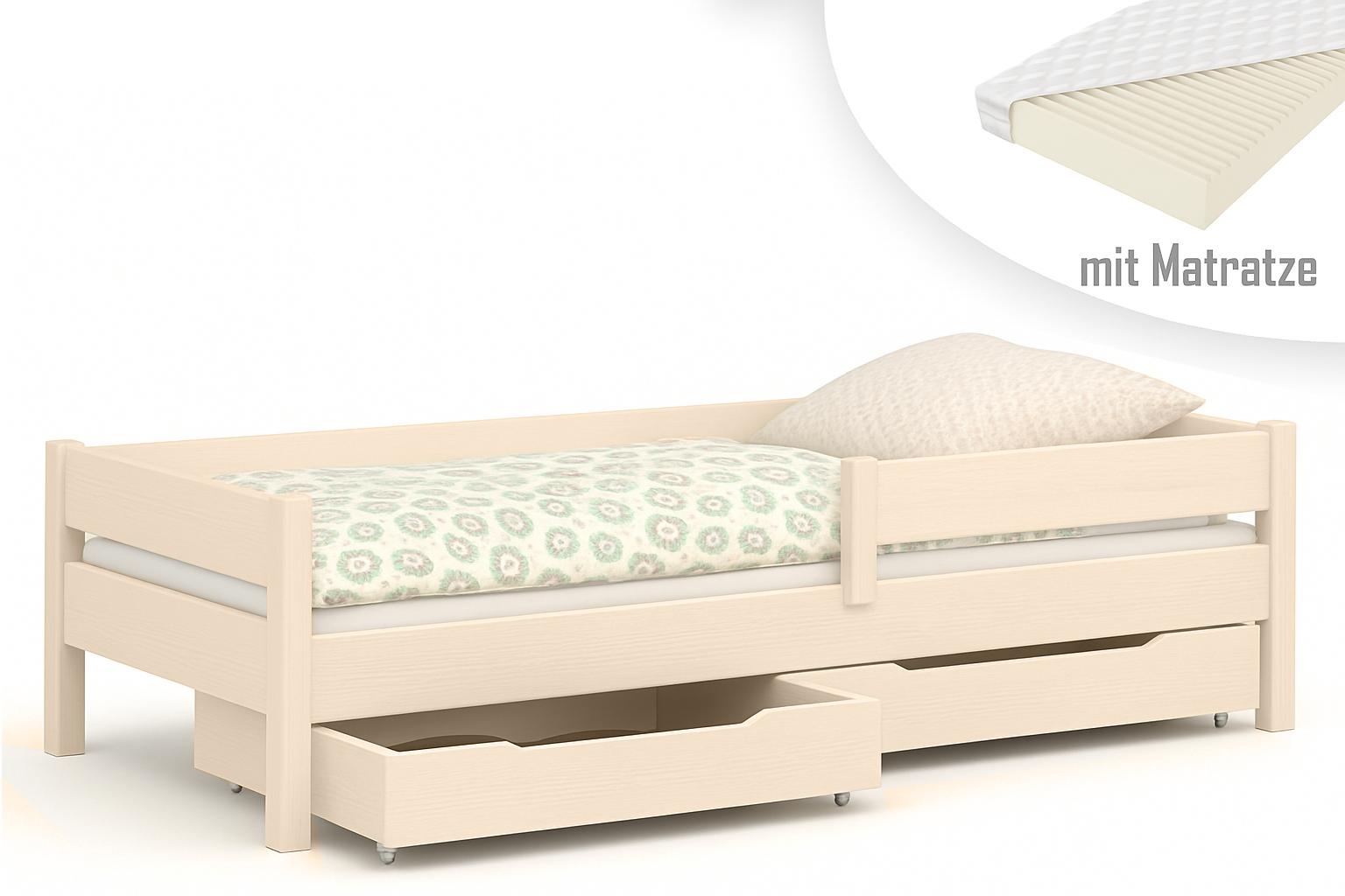 Kinderbett 160x80 Kinderbett mit Rausfallschutz & Lattenrost Naturbelassen 80 x 160 für Mädchen und Jungen Massivholz Kiefer und MDF Möbelplatte, mit Matratzen und Schubladen