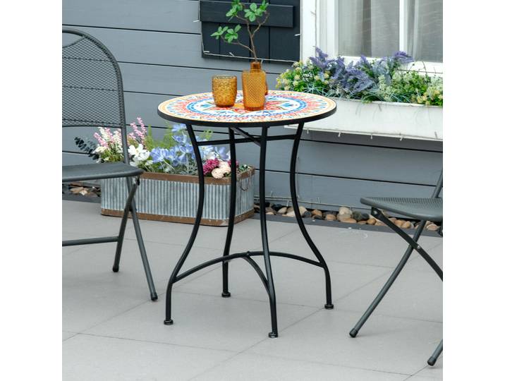 Outsunny Table Ronde Mosaïque Ø60cm Métal Rouge Bleu Blanc