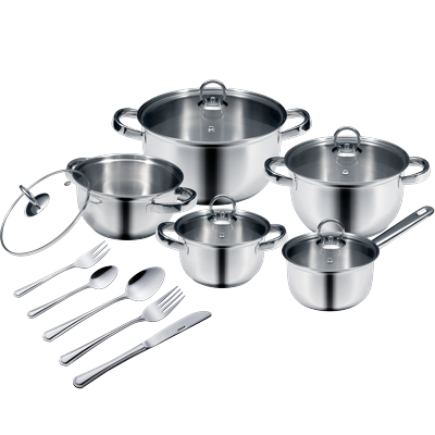 Kochtopf KING "Silver Line", silber (silberfarben), Töpfe, Kochtopf, Edelstahl, 5 Töpfe inkl. Glasdeckel, 30tlg. Besteck-Set