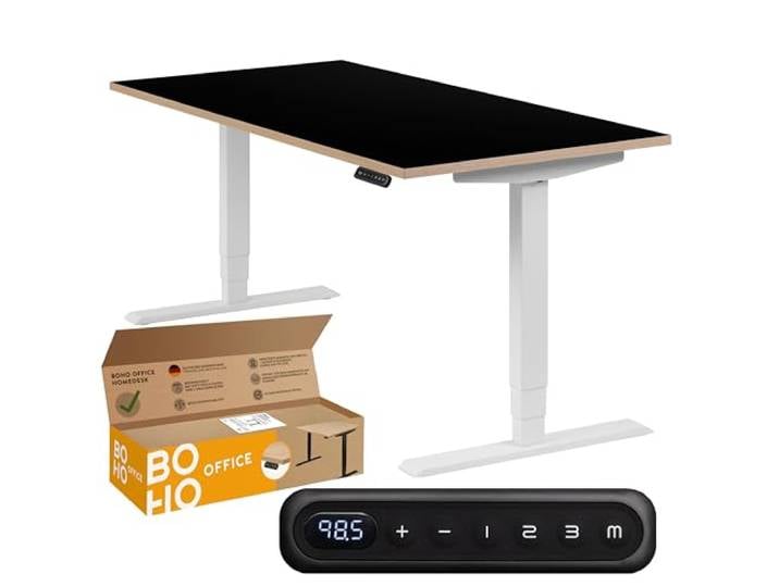 boho office® Homedesk Schreibitsch elektisch höhenverstellbar Homedesk - Tischgestell Weiß, Tischplatte 160x80 Schwarz - 2 Motoren, Memoryfunktion, Kollisionsschutz, Kindersicherung