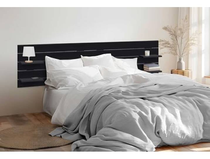 DHOME Kopfteil mit Regalen aus recyceltem DM-Holz Hängend an der Wand im Horizontalen Palettenstil Vintage Nordic-Bett mit enthaltenen Befestigungen (Solides Schwarz, 270cm)