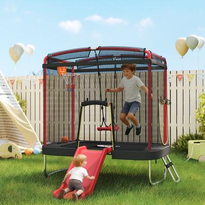 Homcom Qaba 4x6FT Kids Trampoline with Slide, Swing, Hoop, Ladder & Safety Enclosure, Indoor Outdoor, Red