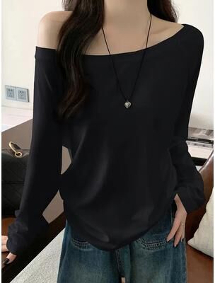 Universal Stock Oversized Off Shoulder Top For Women Long Sleeve Oversized Shirt Korean Style Casual Loose Fit Blouses black l