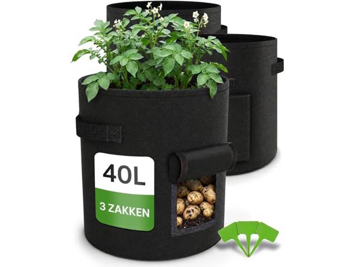 Plantenzakken met Handvat 40L - 3 Plant Groeien Zakken Met Venster en Etikettering - Waterdoorlatend - Ruimtebesparend Opbergbaar