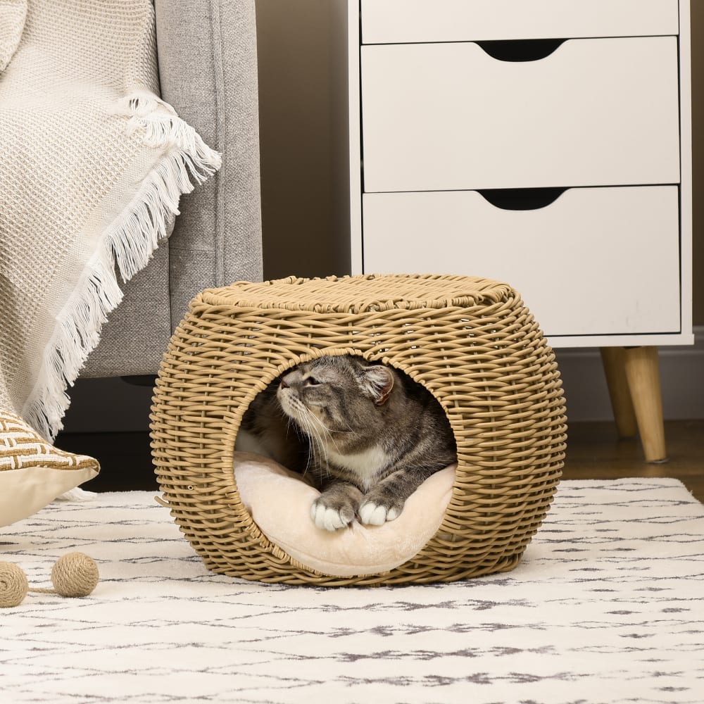 PAWHUT Niche pour chat résine tressée imitation rotin marron Marron 40x30x40cm