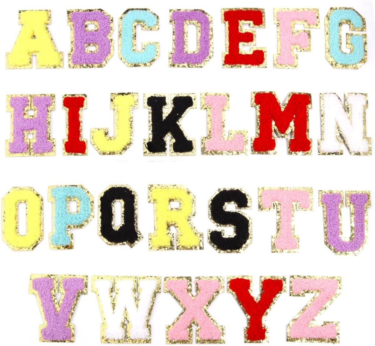 26 kleurrijke geborduurde opstrijkbare letters A-Z met gouden rand, 6 cm, voor kleding en accessoires