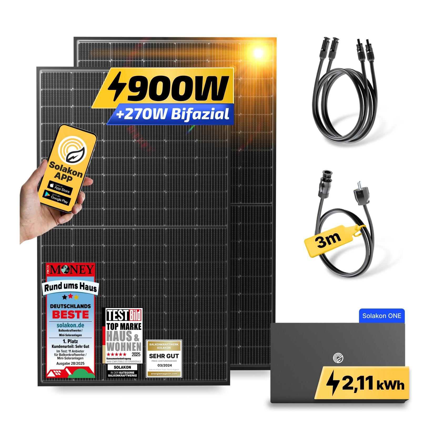 Balkonkraftwerk 900W/800W Solaranlage mit Solakon ONE Speicher Steckerfertig WIFI Komplettset Photovoltaik Anlage 800W, Kabellänge: 3m