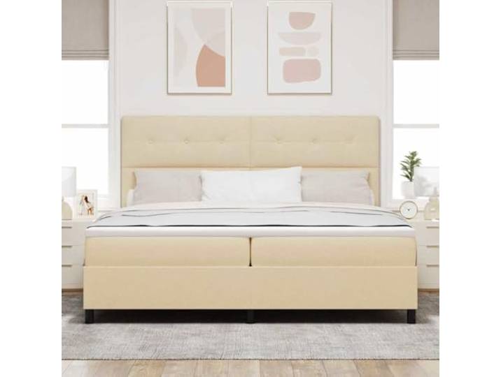 KTHLBRH Boxspringbett mit Kopfteil creme 200 x 200 cm Struktur aus Massivholz und Kiefer, mittelfeste Matratze, atmungsaktiver Stoff