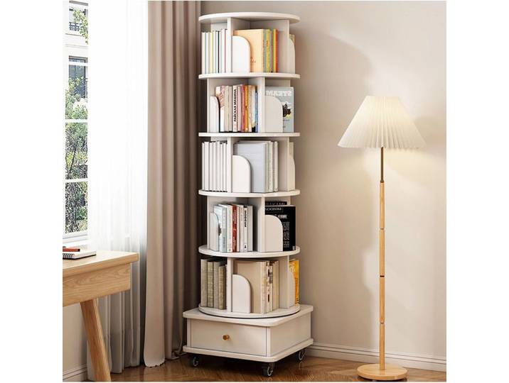 WOVREO Bibliothèque rotative 6 étagères 360° avec roulettes et tiroir MDF blanc gain de place