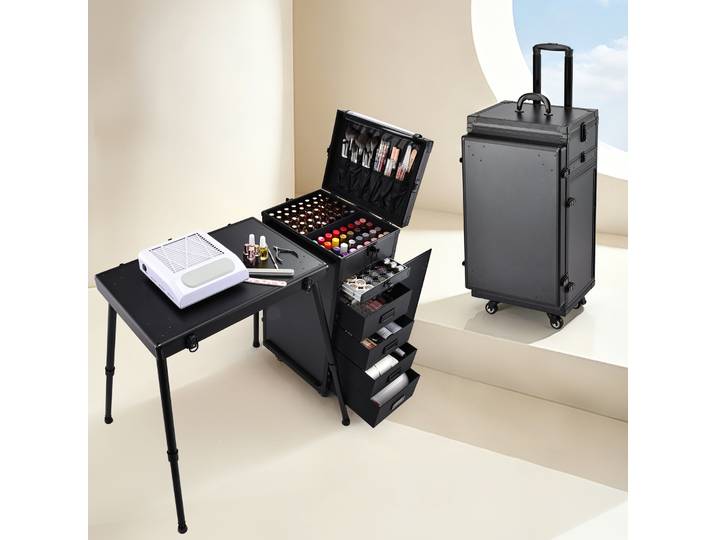 Table à ongles portable, bureau professionnel pour technicien(ne) des ongles, mallette de maquillage professionnelle, mallette de cosmétologie sur roulettes, table à ongles pliable avec clés, chariot