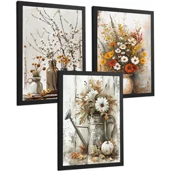 POSTER 3er Bilder-Set Wandbilder Blumen Vasen modern Wohnzimmer Deko, Schlafzimmer, Küche, Badezimmer Schwarzer Rahmen A3