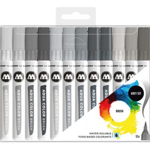 Molotow Aquarellstifte Aqua Color Brush Grey Set, farbig sortiert, Grautöne, 12 Stück