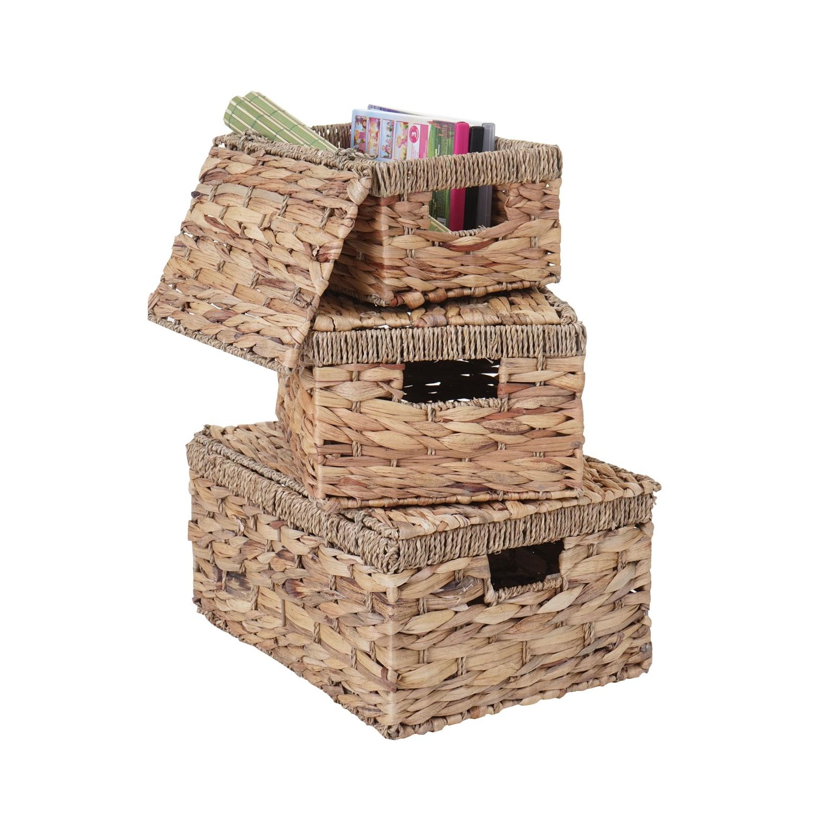 3er Set Aufbewahrungsbox MCW-C23, Truhe Kiste Box mit Deckel, Wasserhyazinthe naturfarben