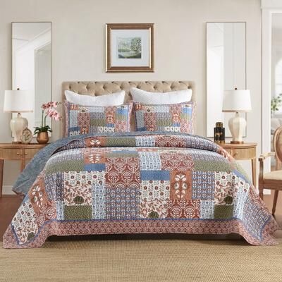 MarCielo 3 Pcs Polyester Floral Patchwork Quilt Bedspread Set