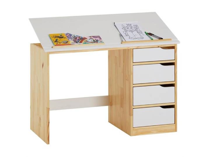 Bureau enfant écolier junior EMMA pupitre inclinable avec 4 tiroirs en pin massif naturel et lasuré blanc