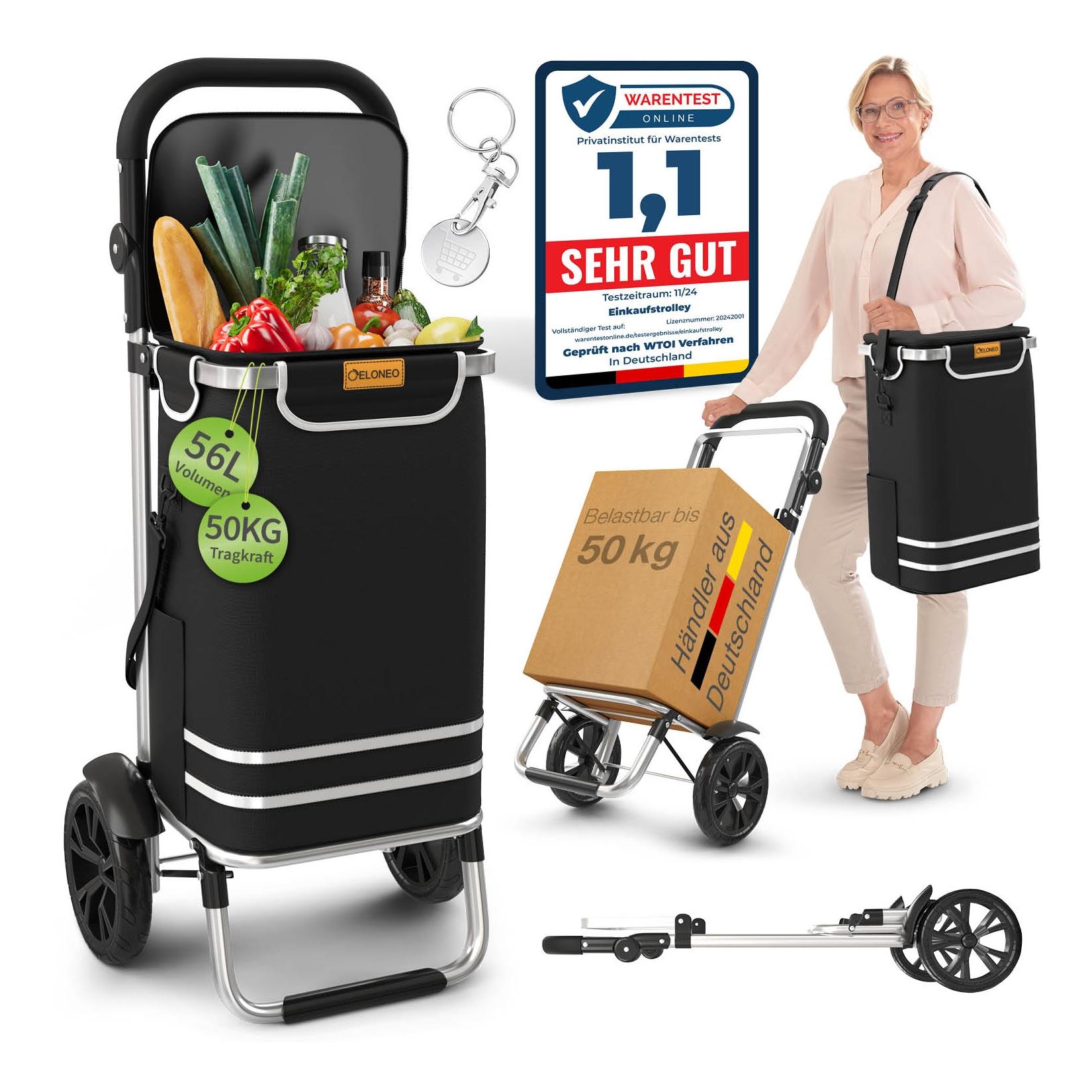 ELONEO Einkaufstrolley klappbar, Einkaufswagen mit Kühlfach, 3in1 Trolley, Shopping Trolley 56L & Umhängetasche - Schwarz