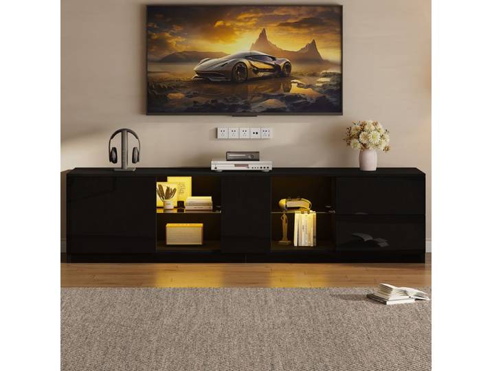 Meuble TV moderne - 160x40x52cm - 1 porte - 2 tiroirs - Éclairage LED