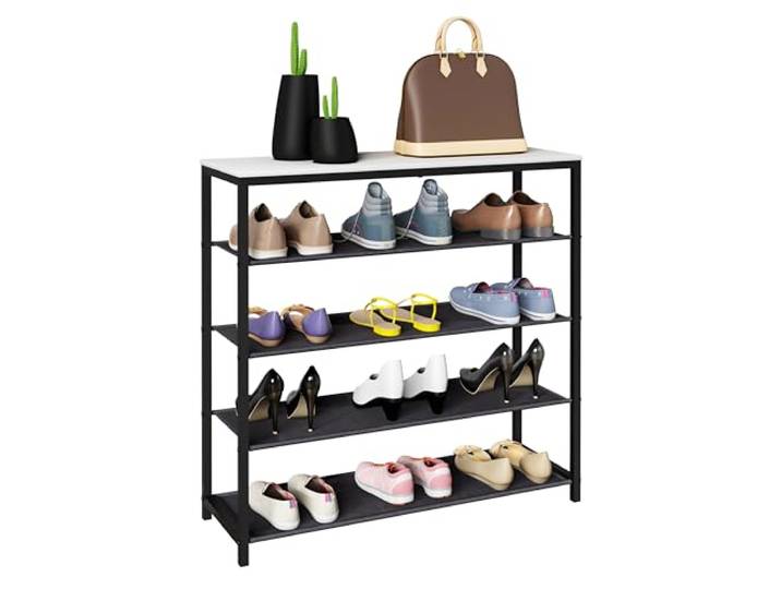 VCM Bois\,métal\,étagère à Chaussures\,Rangement pour Chaussures\,étagère\,4\,Compartiments\,Taliro Blanc