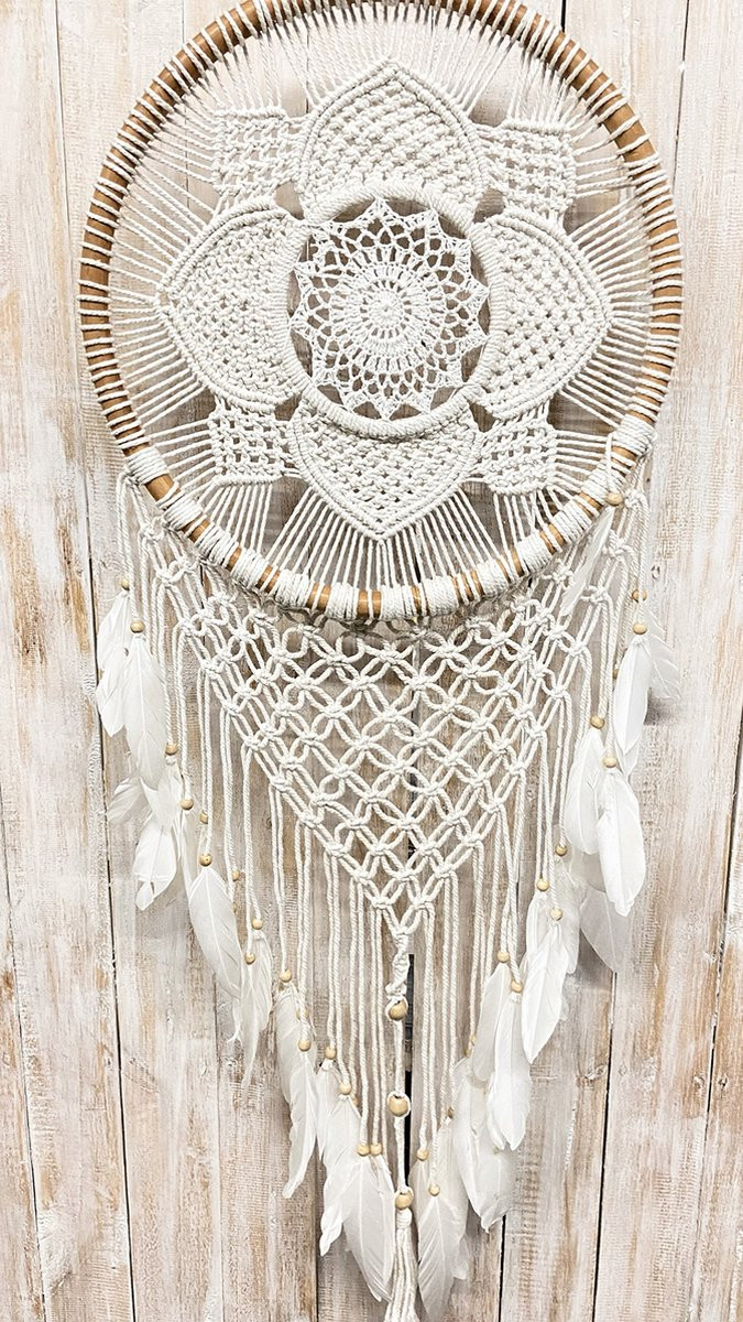 Zus & Zo Dromenvanger met bloemgeborduurd macrame en kralen, wit/naturel, ±32 cm