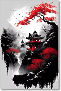Inspire Curations Vintage Japanese Landscape Canvas Wall Art Set 3 Piece Black & Red Zen Decor pc28477 50x75cm
