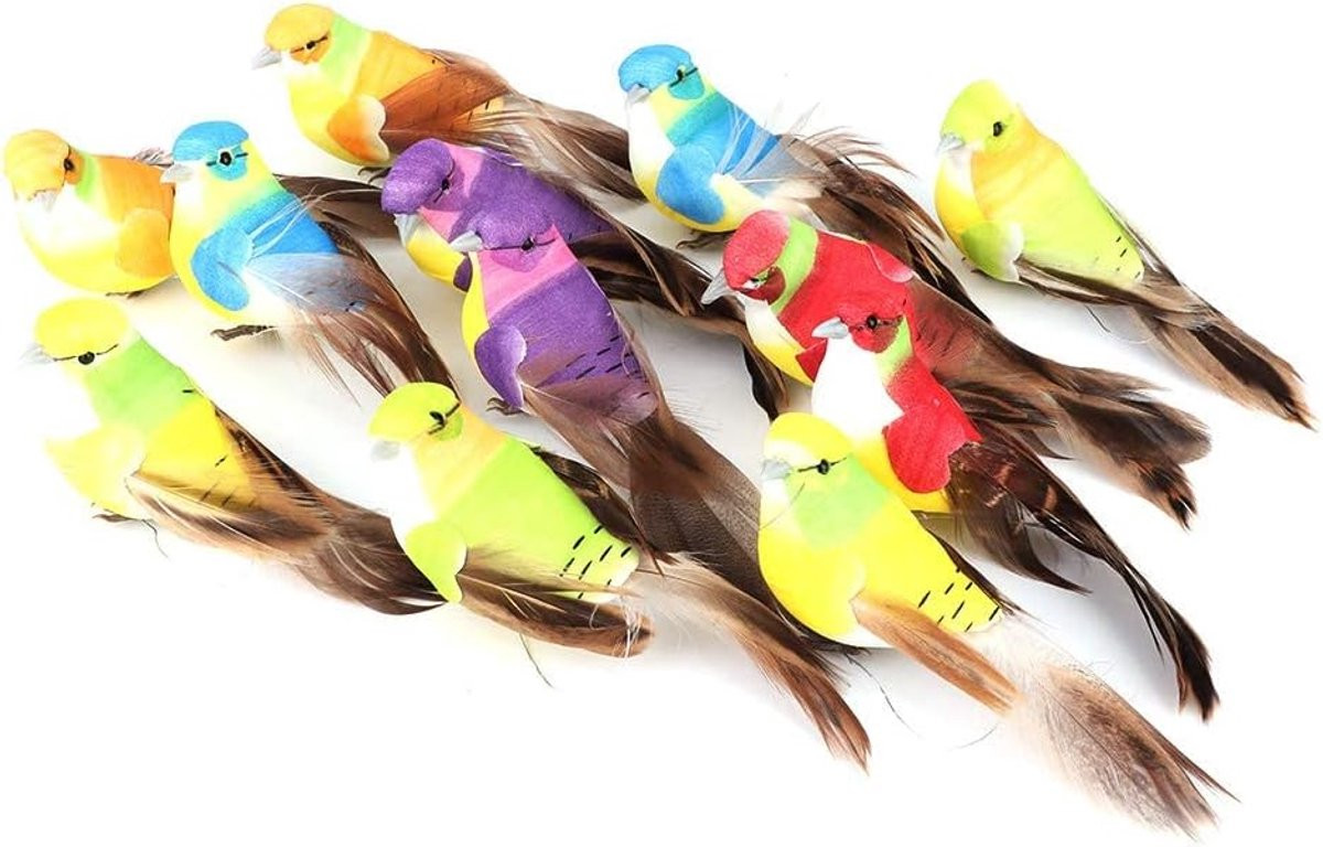 SnelShoppen 12 stuks kleine kleurrijke kunststof vogels met klem voor kerstboom ornamenten en DIY decoraties